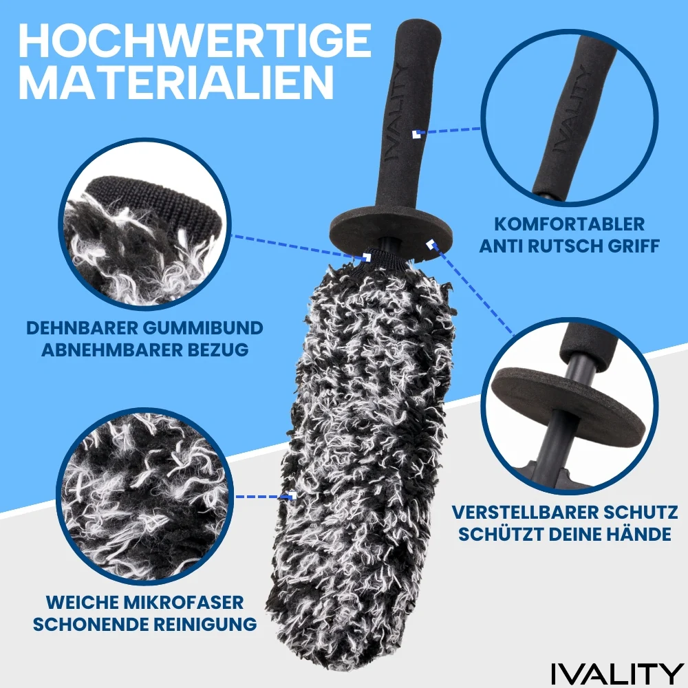 IVALITY Mikrofaser Felgenbürste Professional - Ultra dünn mit Wechselbezug - Kommt in jede Ecke
