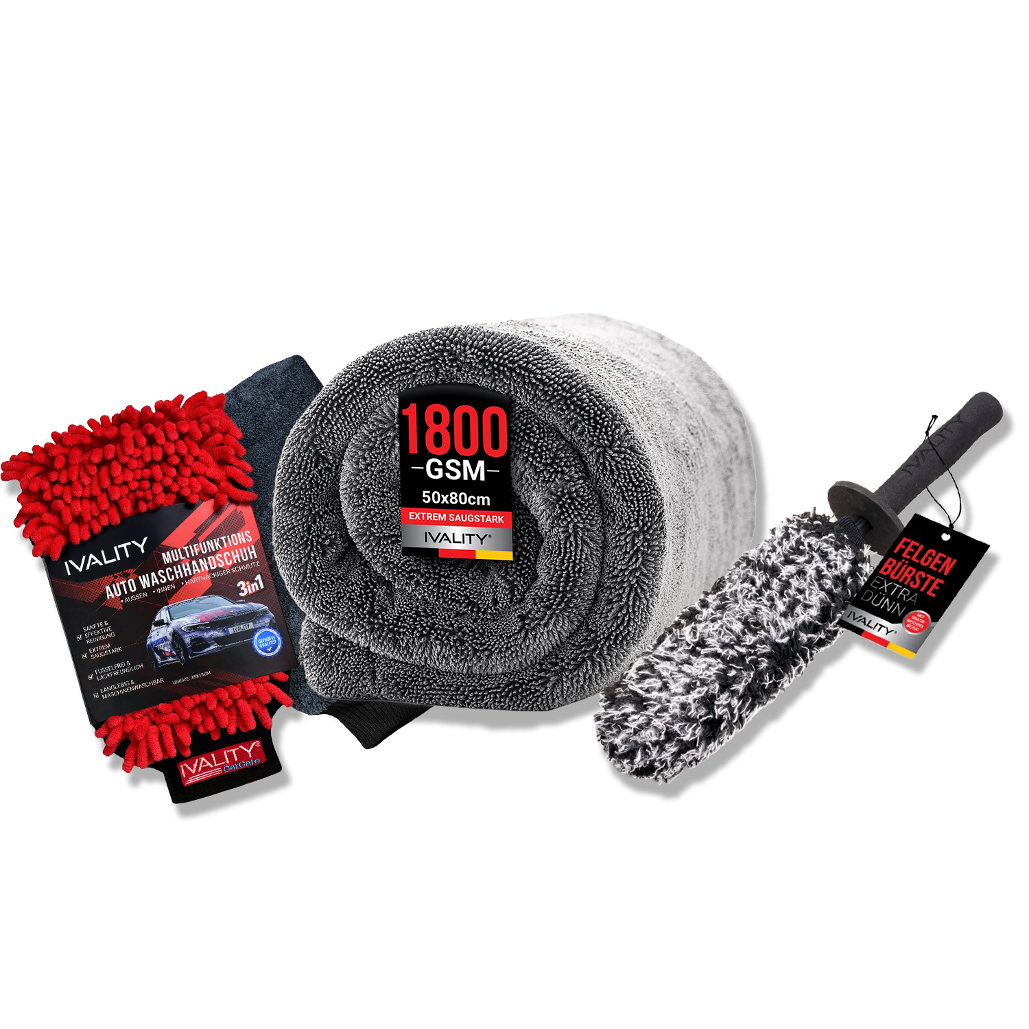IVALITY Fahrzeugpflege SET - 1800GSM Trockentuch XXL, Professional Felgenbürste & Waschhandschuh