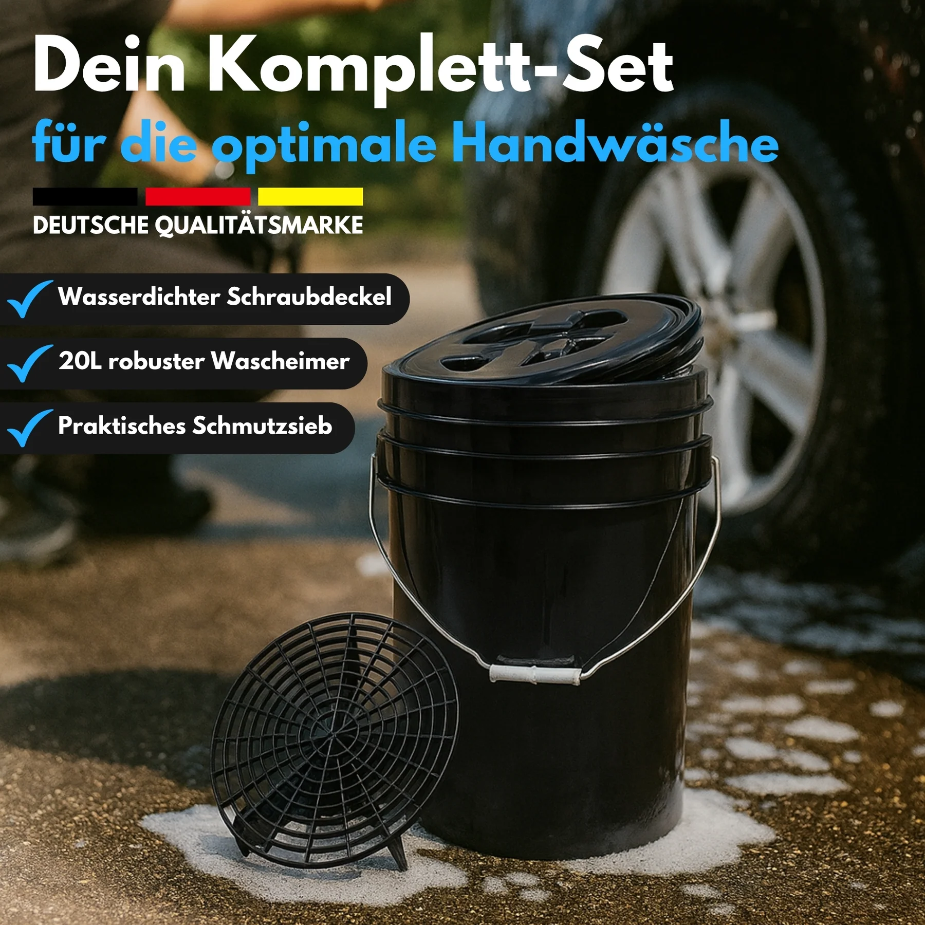 IVALITY Robuster 20L Wascheimer mit Schmutzsieb und Schraubdeckel für die perfekte Autowäsche