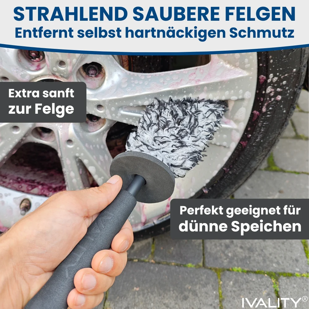 IVALITY Mikrofaser Felgenbürste Klein - Ultra dünn mit Wechselbezug - Kommt in jede Ecke